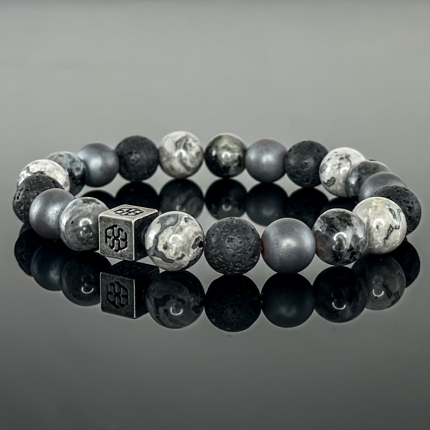 3105 Men's Signature Wristband with Lava Stone, Gray Landscape Jasper, Larvikite, and Matte Black Onyx