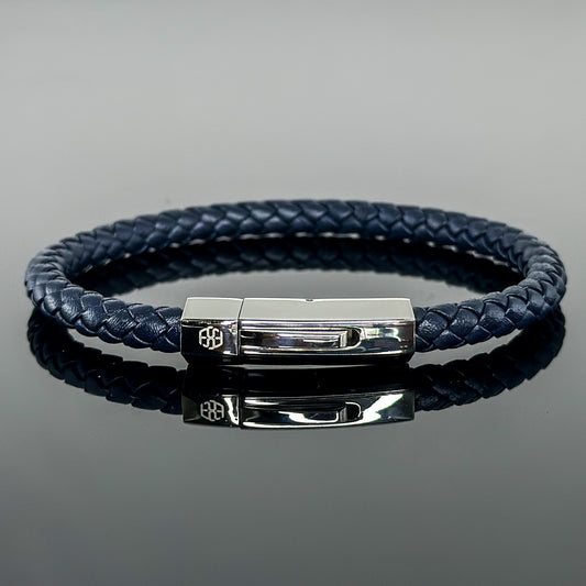 4002 Men’s Plait Round Dark Blue Leather Bracelet with Stainless Steel Clasp