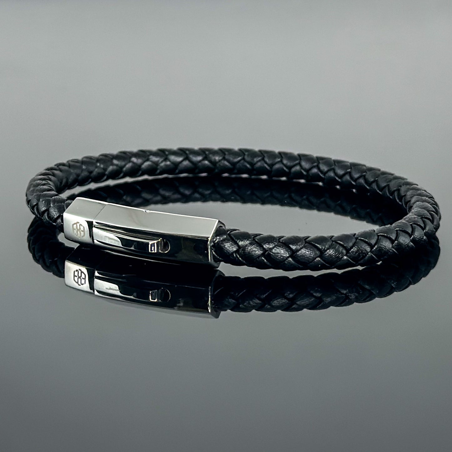 4002 Men’s Plait Round Black Leather Bracelet with Stainless Steel Clasp