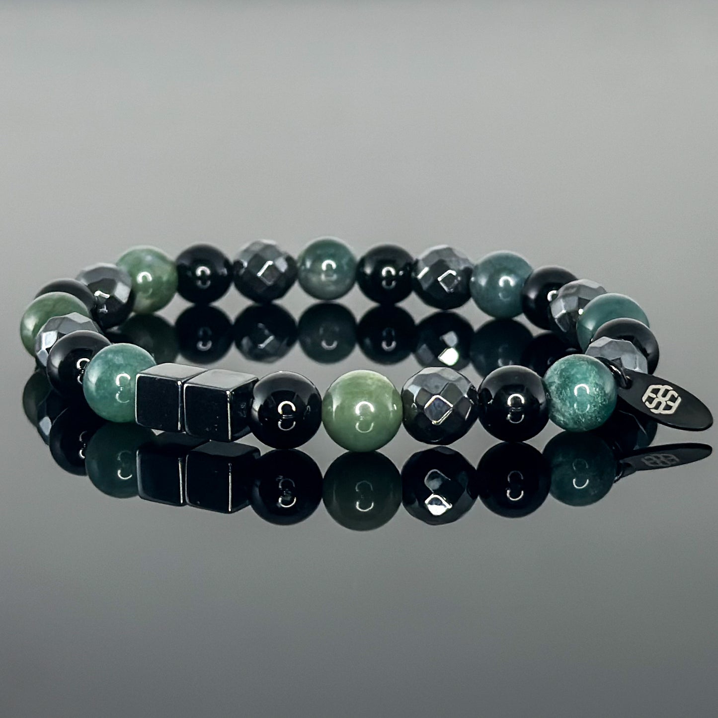 2137 Men's Trio Wristband with  Black Onyx, Hematite and Moss Agate