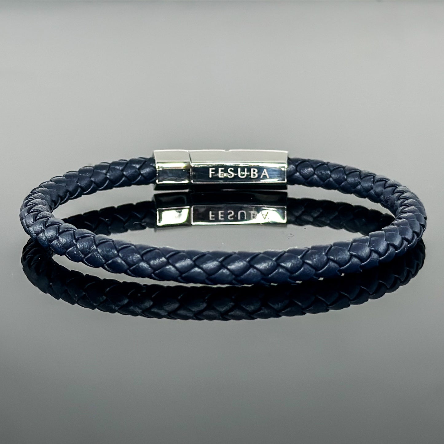 4002 Men’s Plait Round Dark Blue Leather Bracelet with Stainless Steel Clasp