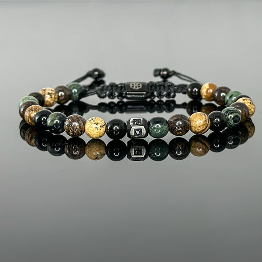 2206 Men's Mixed Stones Bracelet with Green Rhyolite Kambaba Jasper, Bronzite, Picture Jasper and Gold Sheen Obsidian