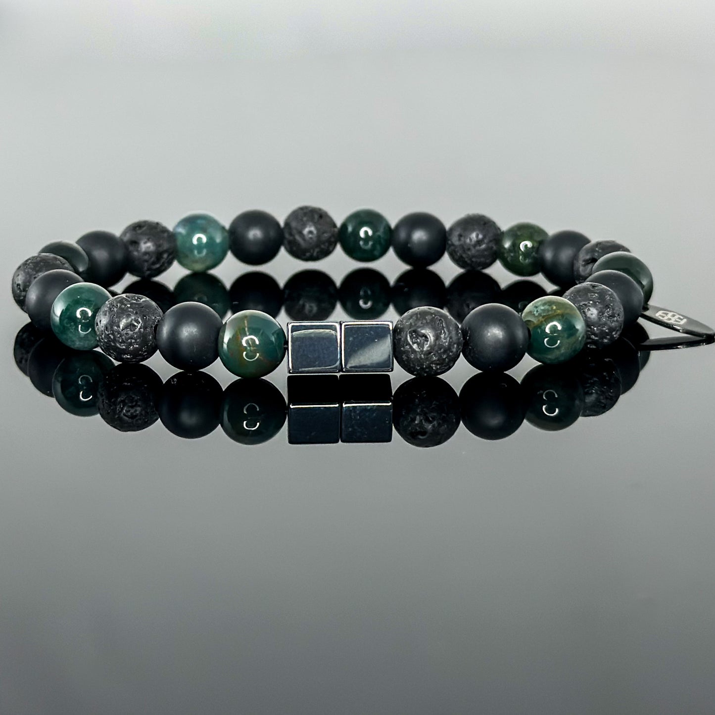 2125 Men's Trio Wristband with Moss Agate, Lava Stone and Matte Black Onyx