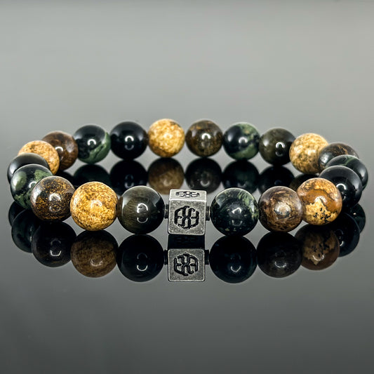 3107 Men's Signature Wristband with Green Rhyolite Kambaba Jasper, Gold Sheen Obsidian, Bronzite, and Picture Jasper