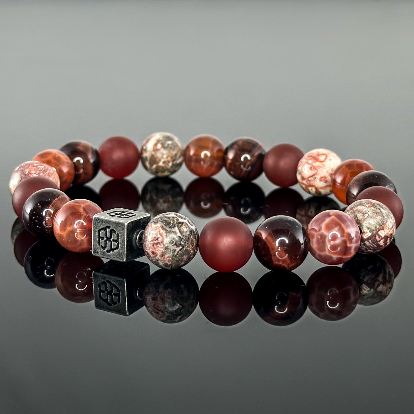 3108 Men's Signature Wristband with Red Leopard Skin Jasper, Crab Fire Agate, Red Tiger's Eye, and Matte Red Agate