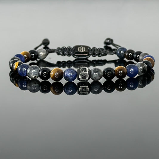 2205 Men's Mixed Stones Beaded Bracelet with Dark Blue Sodalite, Tiger's Eye, Black Onyx and Larvikite