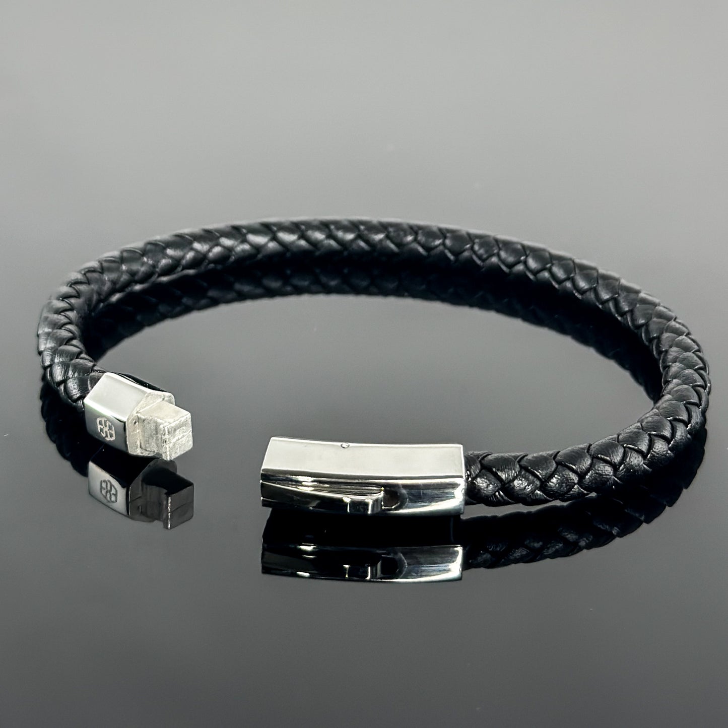 4002 Men’s Plait Round Black Leather Bracelet with Stainless Steel Clasp