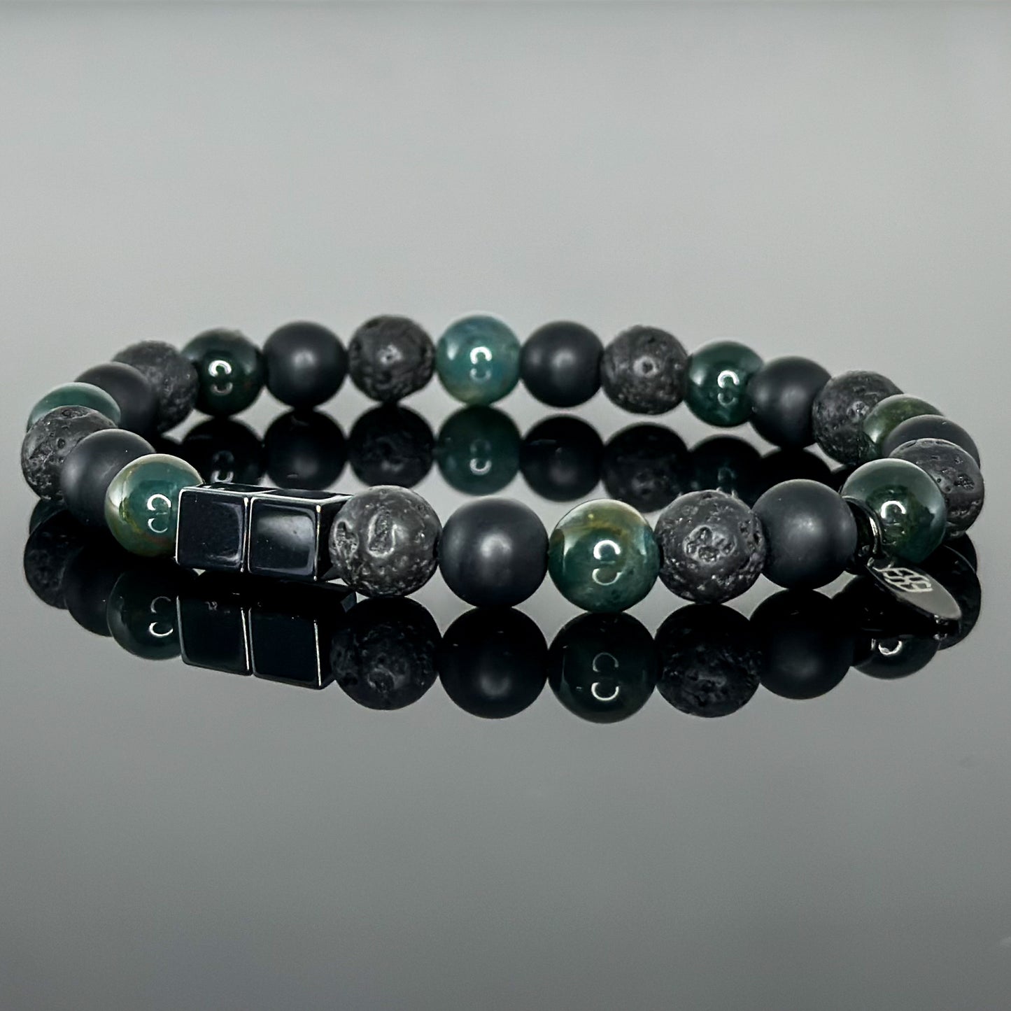 2125 Men's Trio Wristband with Moss Agate, Lava Stone and Matte Black Onyx