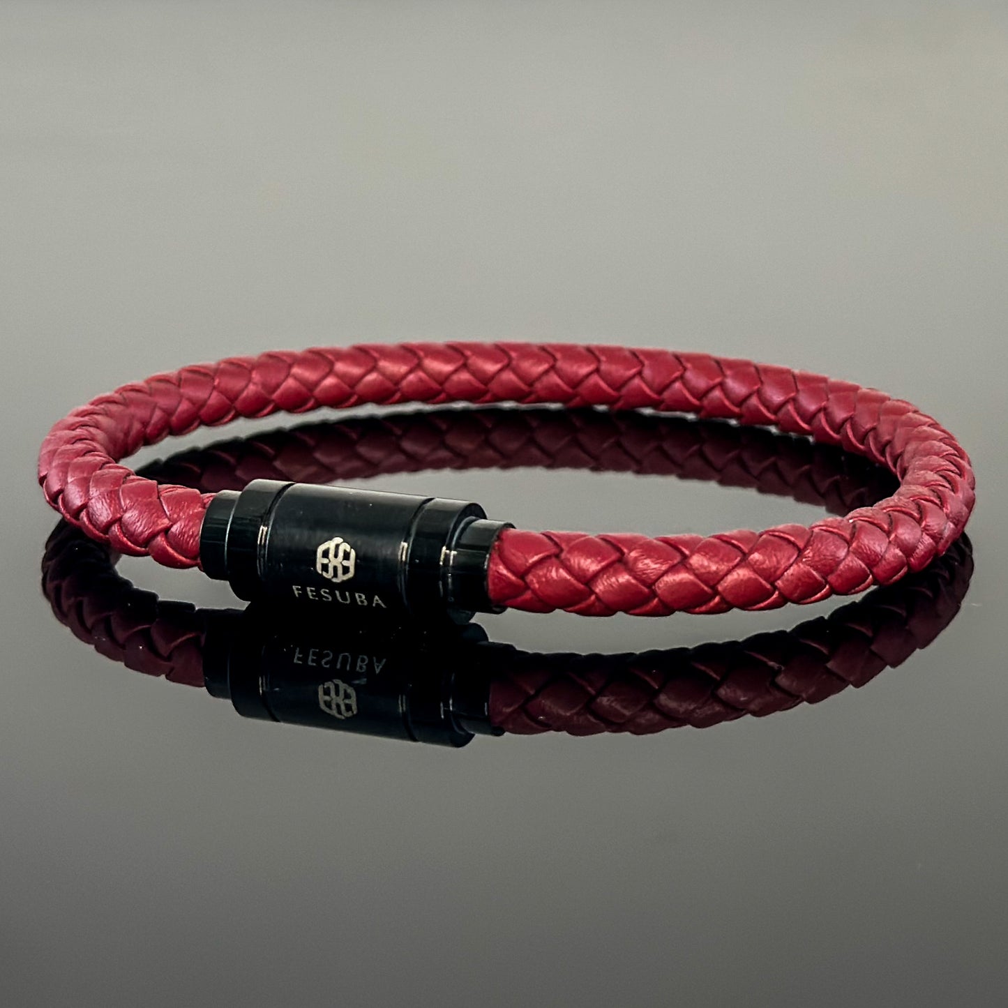 4027 Men’s Dark Red Plaited Leather Bracelet with Black Magnetic Clasp