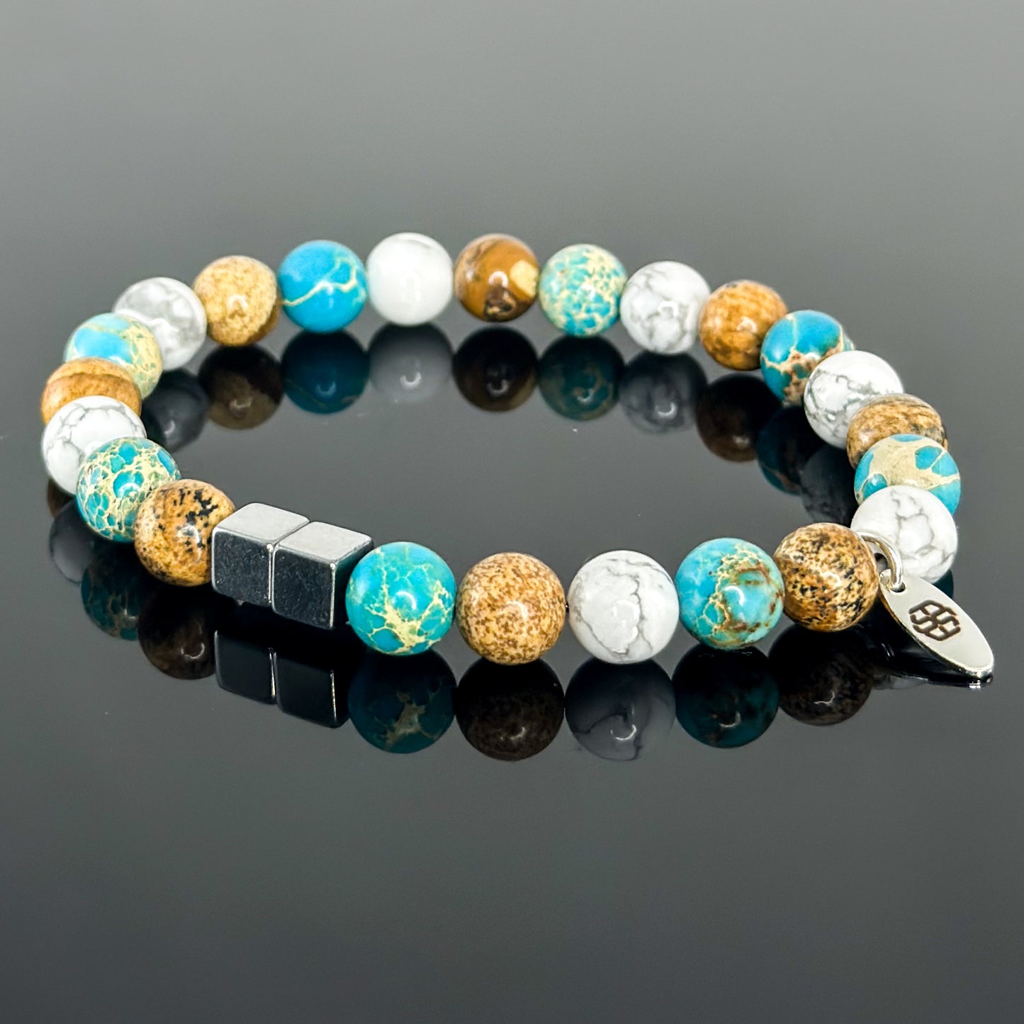 2120 Men’s Trio Wristband with Picture Jasper, Turquoise Sediment Imperial Jasper and White Howlite