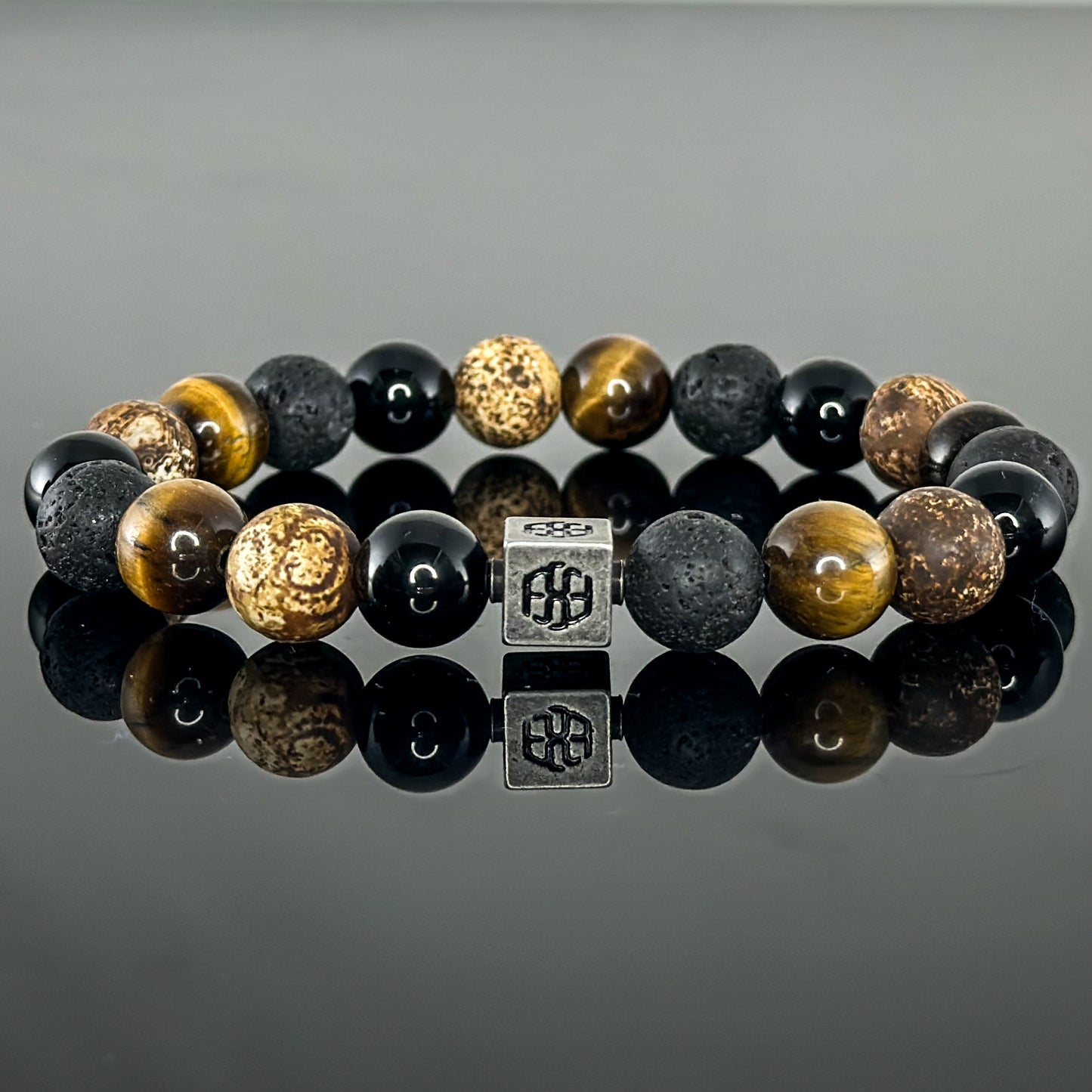 3102 Men's Signature Wristband with Tiger's Eye, Black Onyx, Lava Stone, and Wood Texture Agate