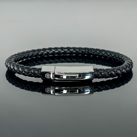 4002 Men’s Plait Round Black Leather Bracelet with Stainless Steel Clasp