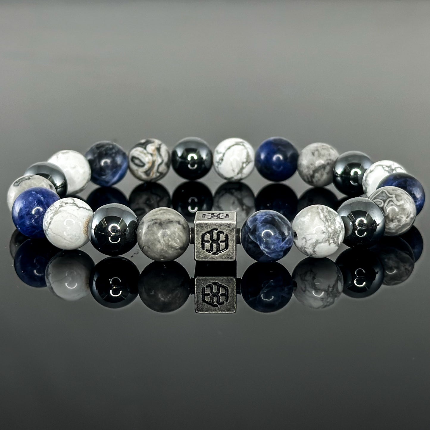 3103 Men's Signature Wristband with Dark Blue Sodalite, White Howlite, Gray Landscape Jasper, and Hematite