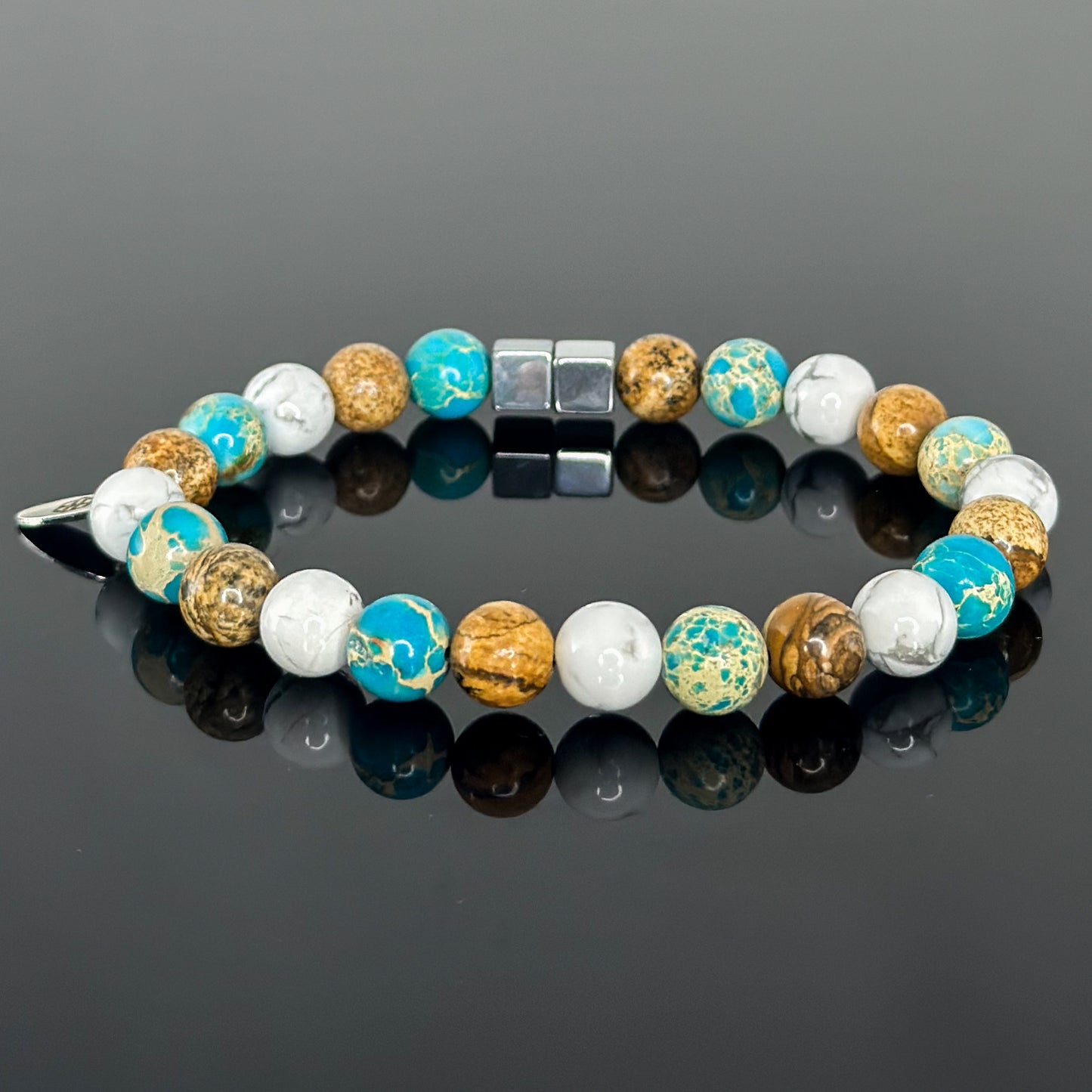 2120 Men’s Trio Wristband with Picture Jasper, Turquoise Sediment Imperial Jasper and White Howlite