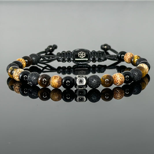 2201 Men's Mixed Stones Bracelet with Tiger's Eye, Black Onyx, Lava Stone and Wood Texture Agate