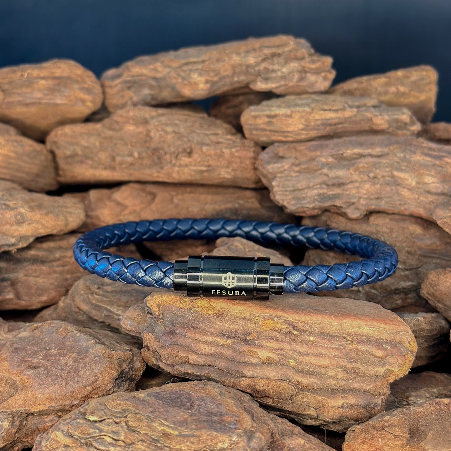 4027 Men’s Dark Blue Plaited Leather Bracelet with Black Magnetic Clasp