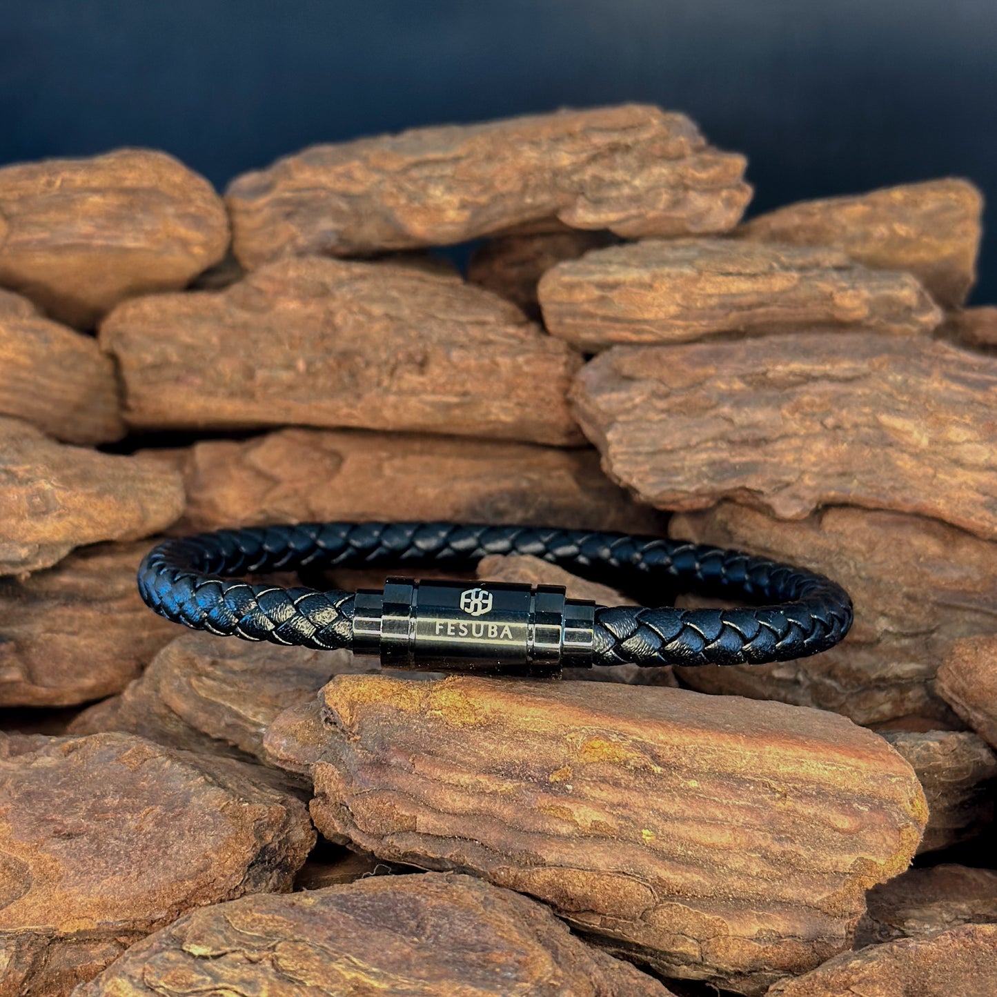 4027 Men’s Black Plaited Leather Bracelet with Black Magnetic Clasp