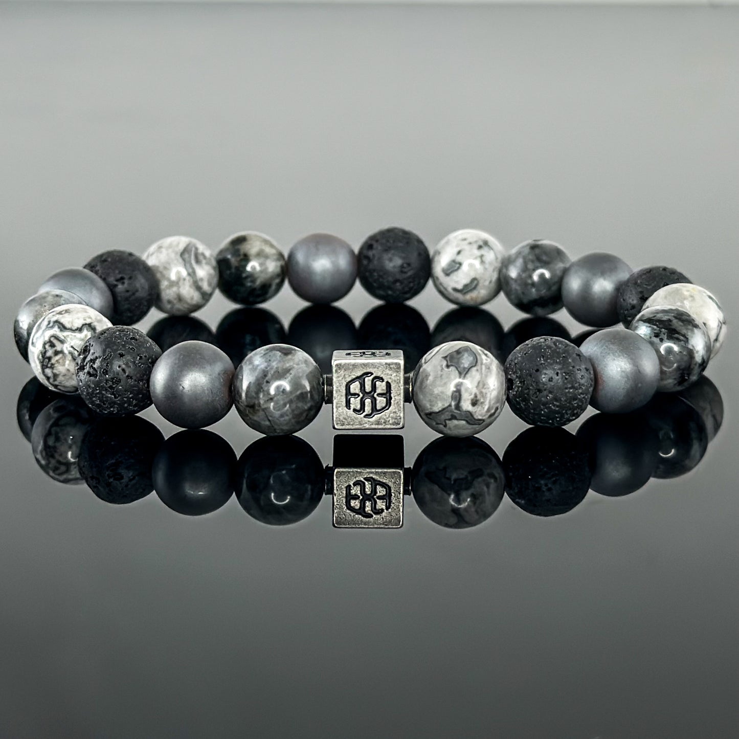 3105 Men's Signature Wristband with Lava Stone, Gray Landscape Jasper, Larvikite, and Matte Black Onyx