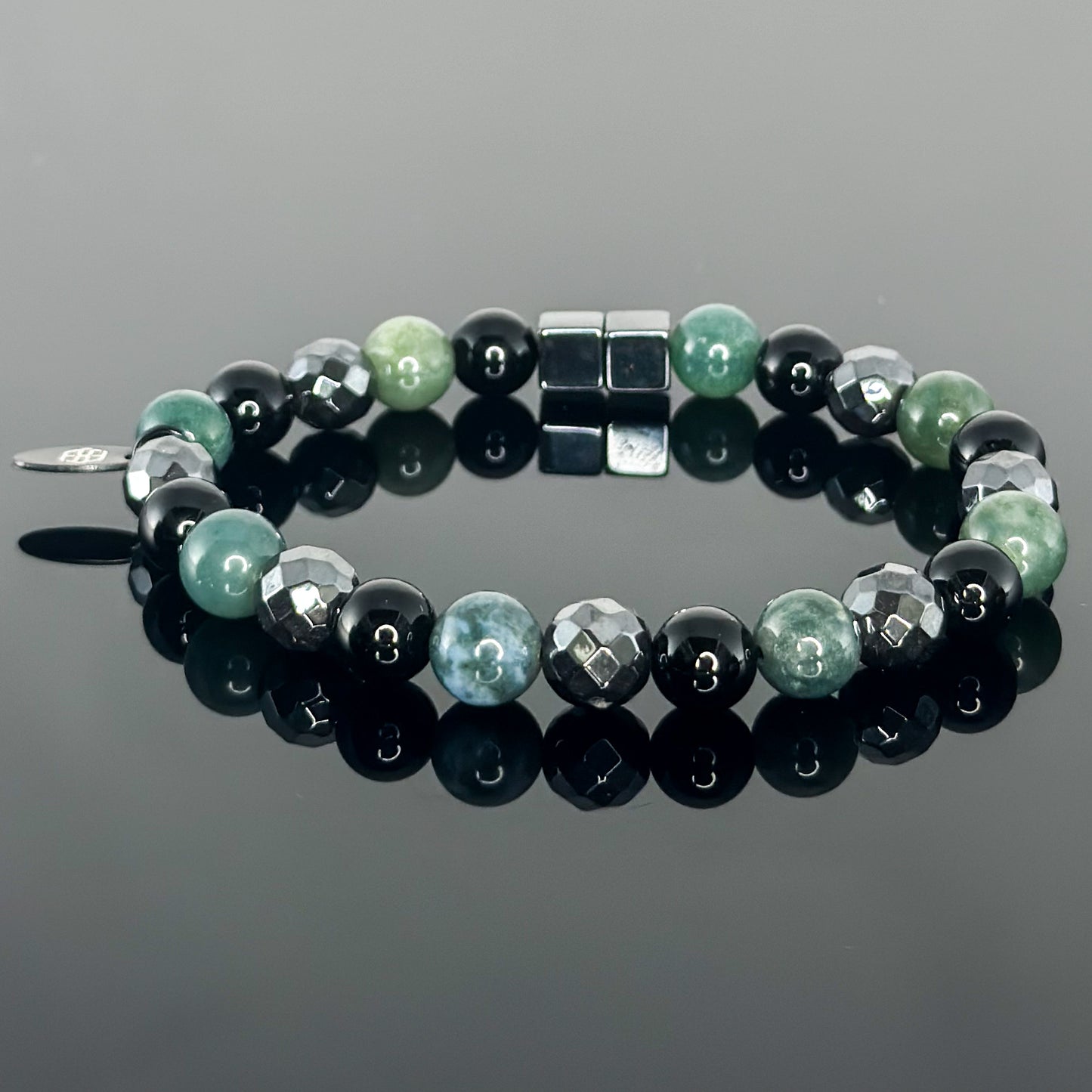 2137 Men's Trio Wristband with  Black Onyx, Hematite and Moss Agate