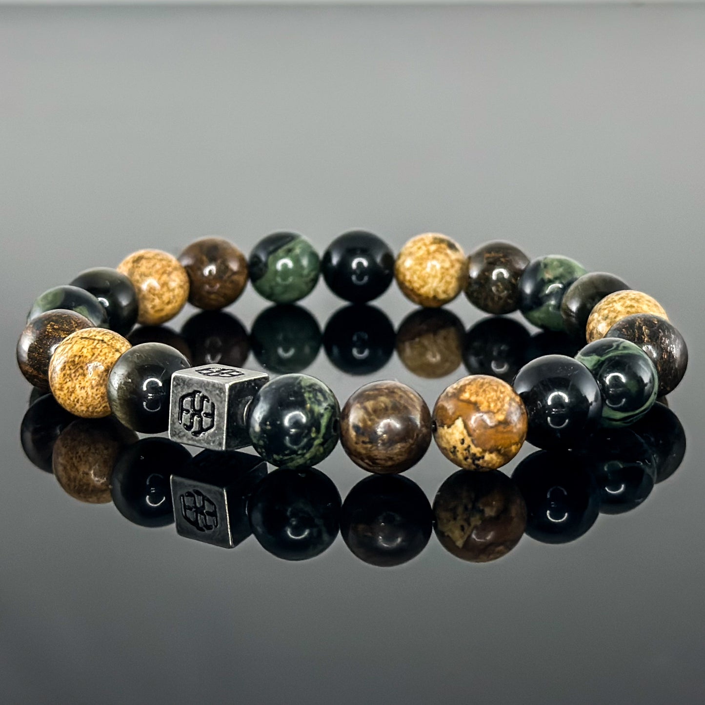 3107 Men's Signature Wristband with Green Rhyolite Kambaba Jasper, Gold Sheen Obsidian, Bronzite, and Picture Jasper