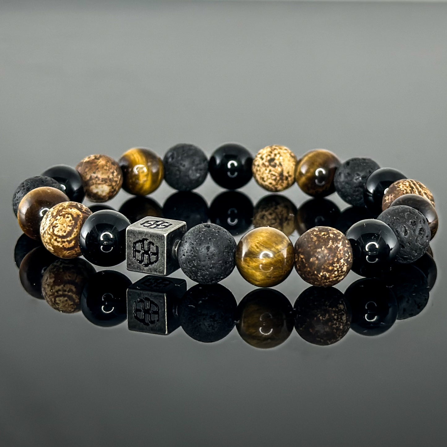 3102 Men's Signature Wristband with Tiger's Eye, Black Onyx, Lava Stone, and Wood Texture Agate