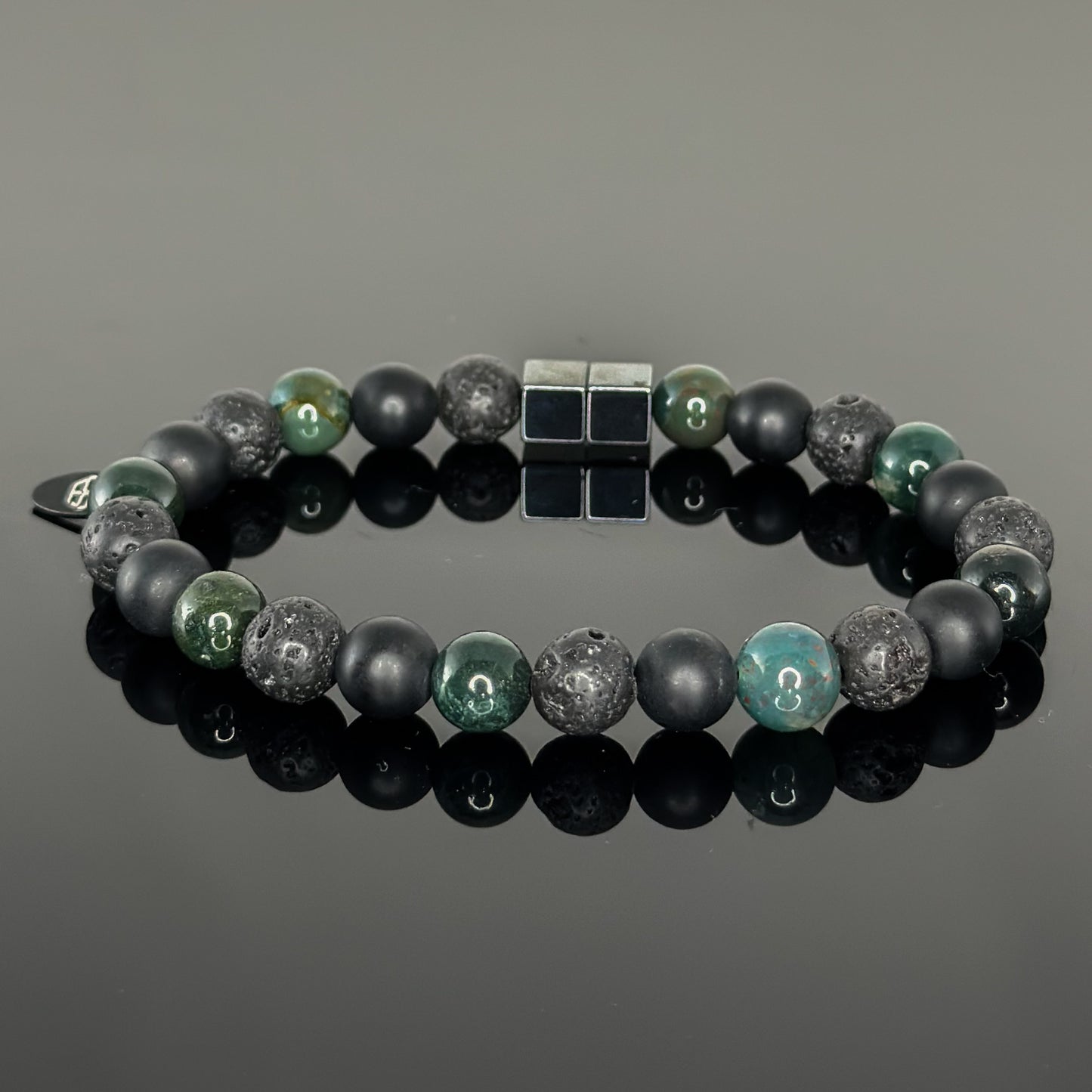 2125 Men's Trio Wristband with Moss Agate, Lava Stone and Matte Black Onyx