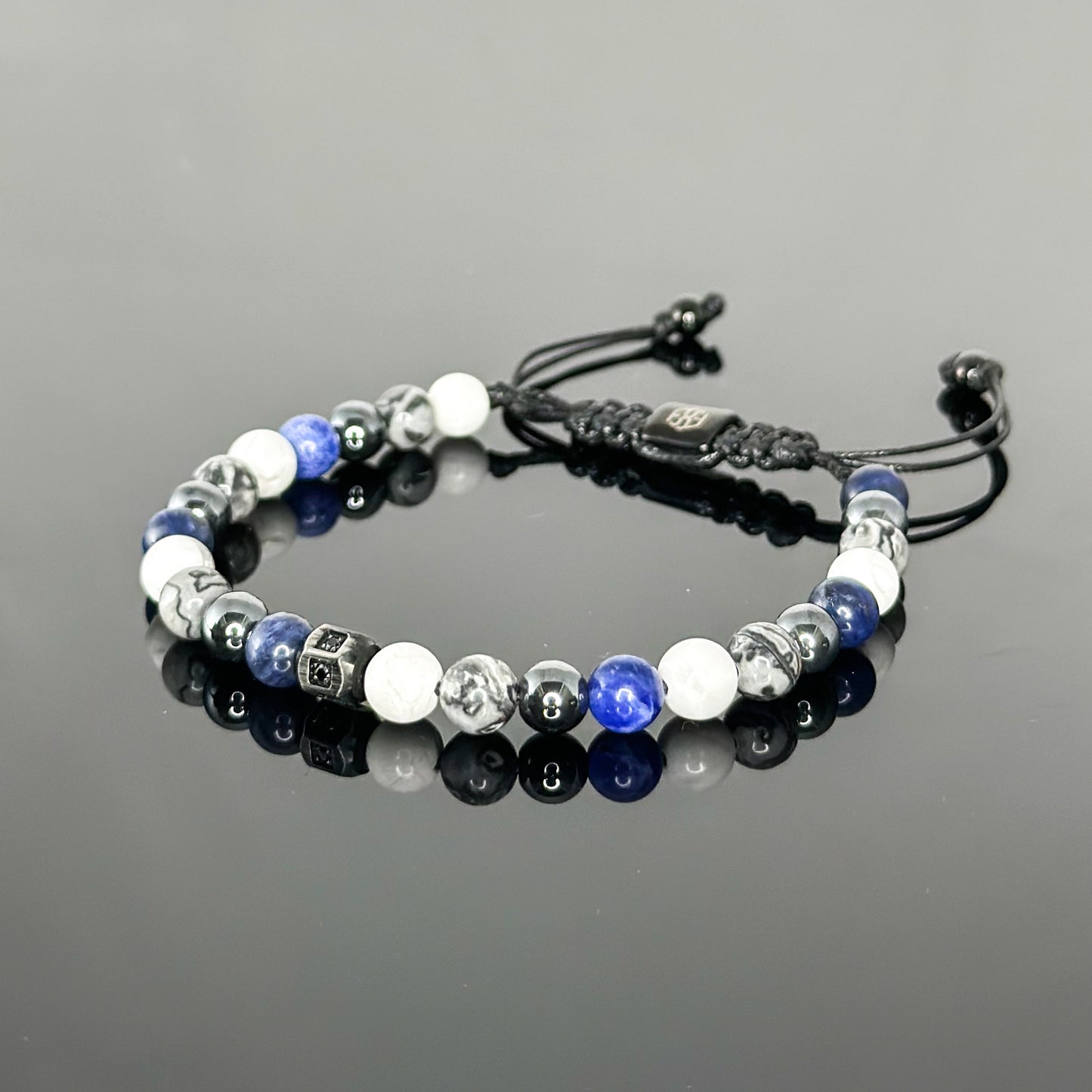 2204 Men's Mixed Stones Bracelet with Dark Blue Sodalite, Gray Landscape Jasper, White Howlite and Hematite