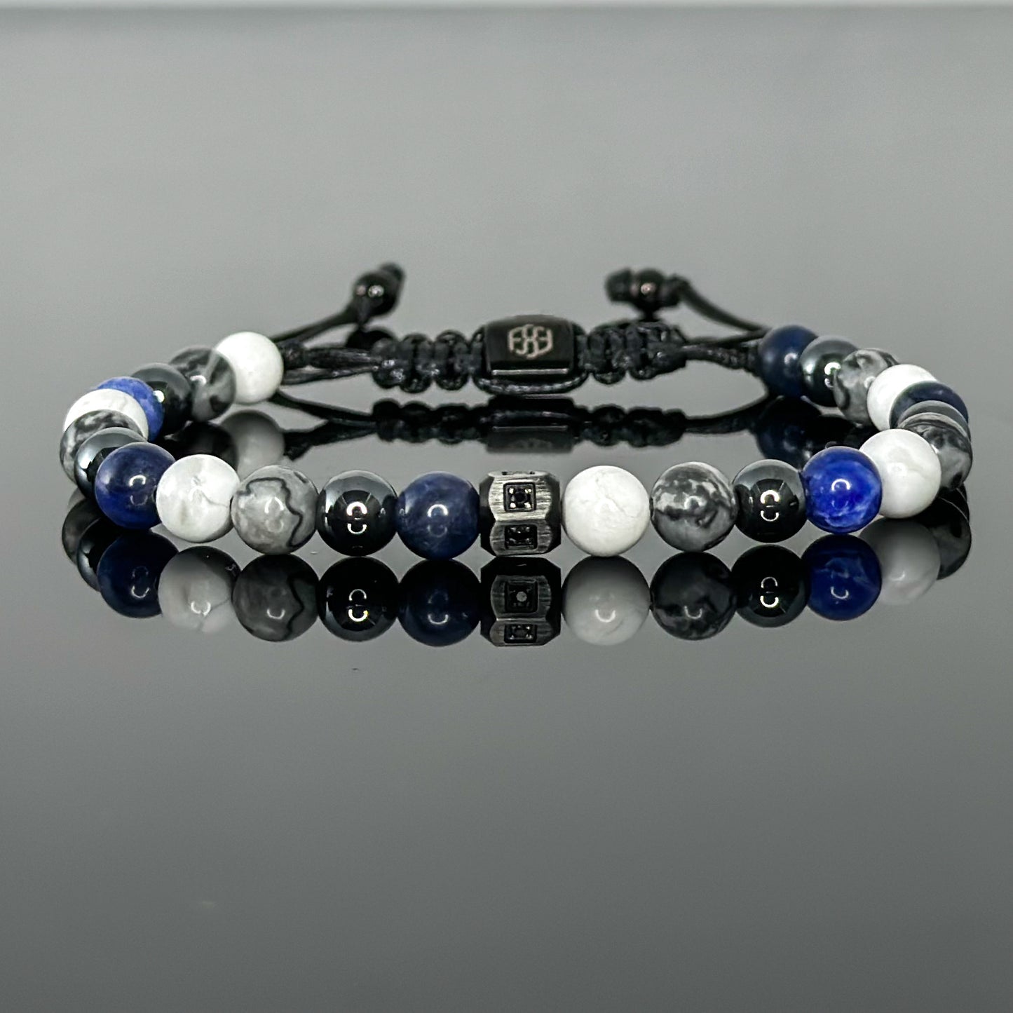 2204 Men's Mixed Stones Bracelet with Dark Blue Sodalite, Gray Landscape Jasper, White Howlite and Hematite