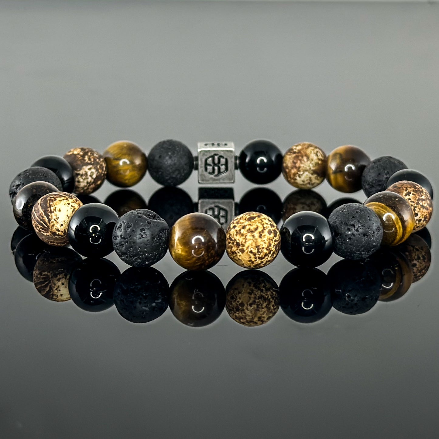 3102 Men's Signature Wristband with Tiger's Eye, Black Onyx, Lava Stone, and Wood Texture Agate