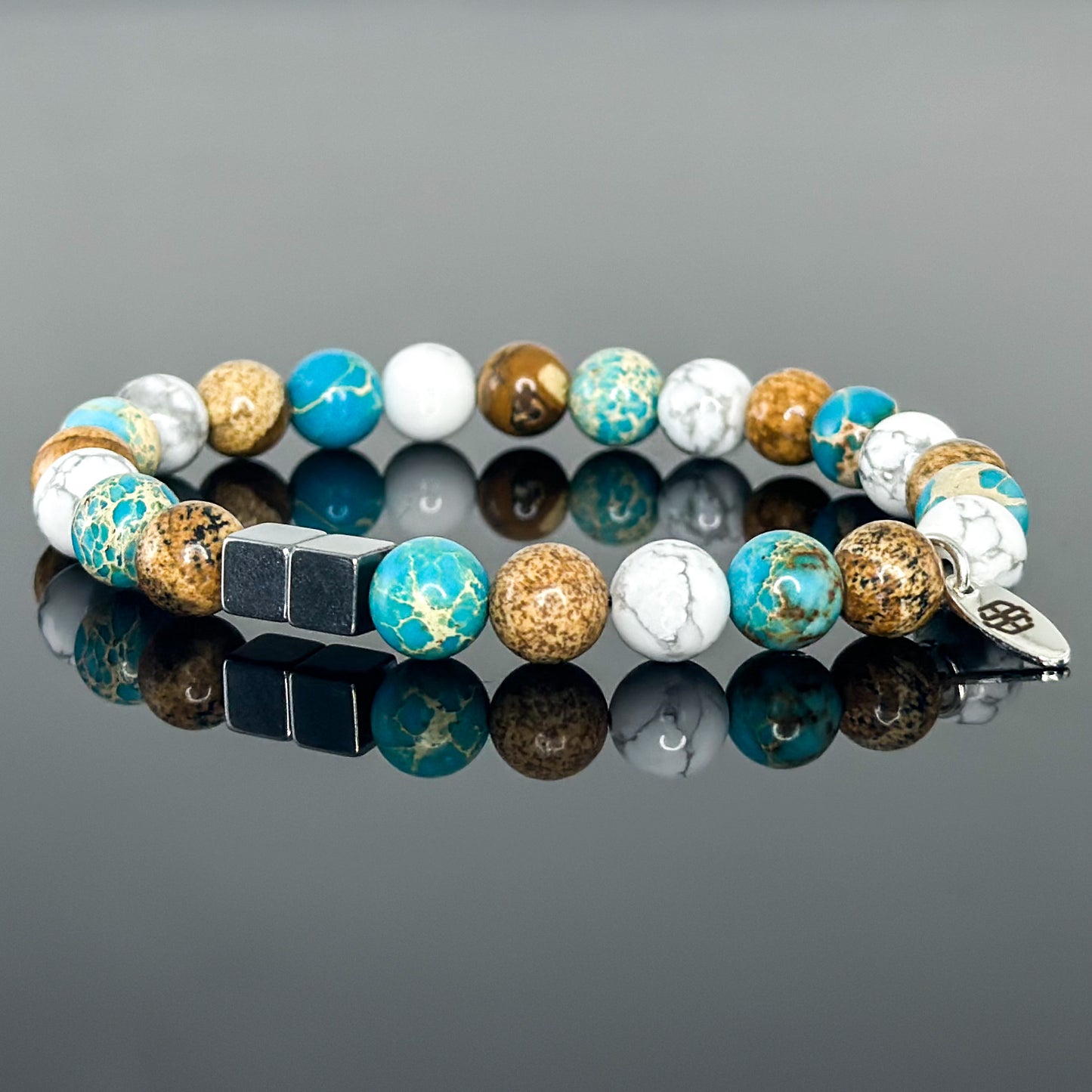 2120 Men’s Trio Wristband with Picture Jasper, Turquoise Sediment Imperial Jasper and White Howlite