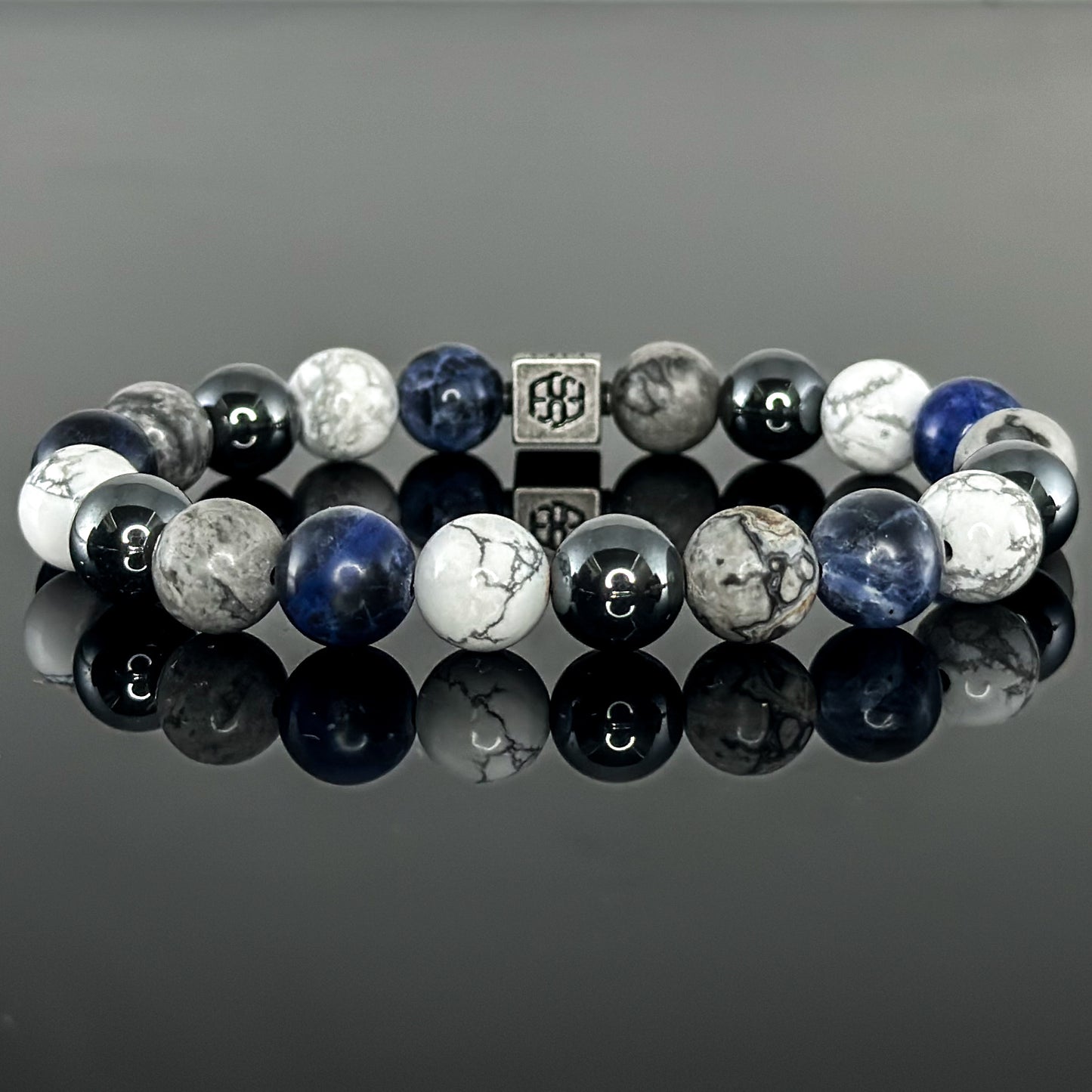 3103 Men's Signature Wristband with Dark Blue Sodalite, White Howlite, Gray Landscape Jasper, and Hematite