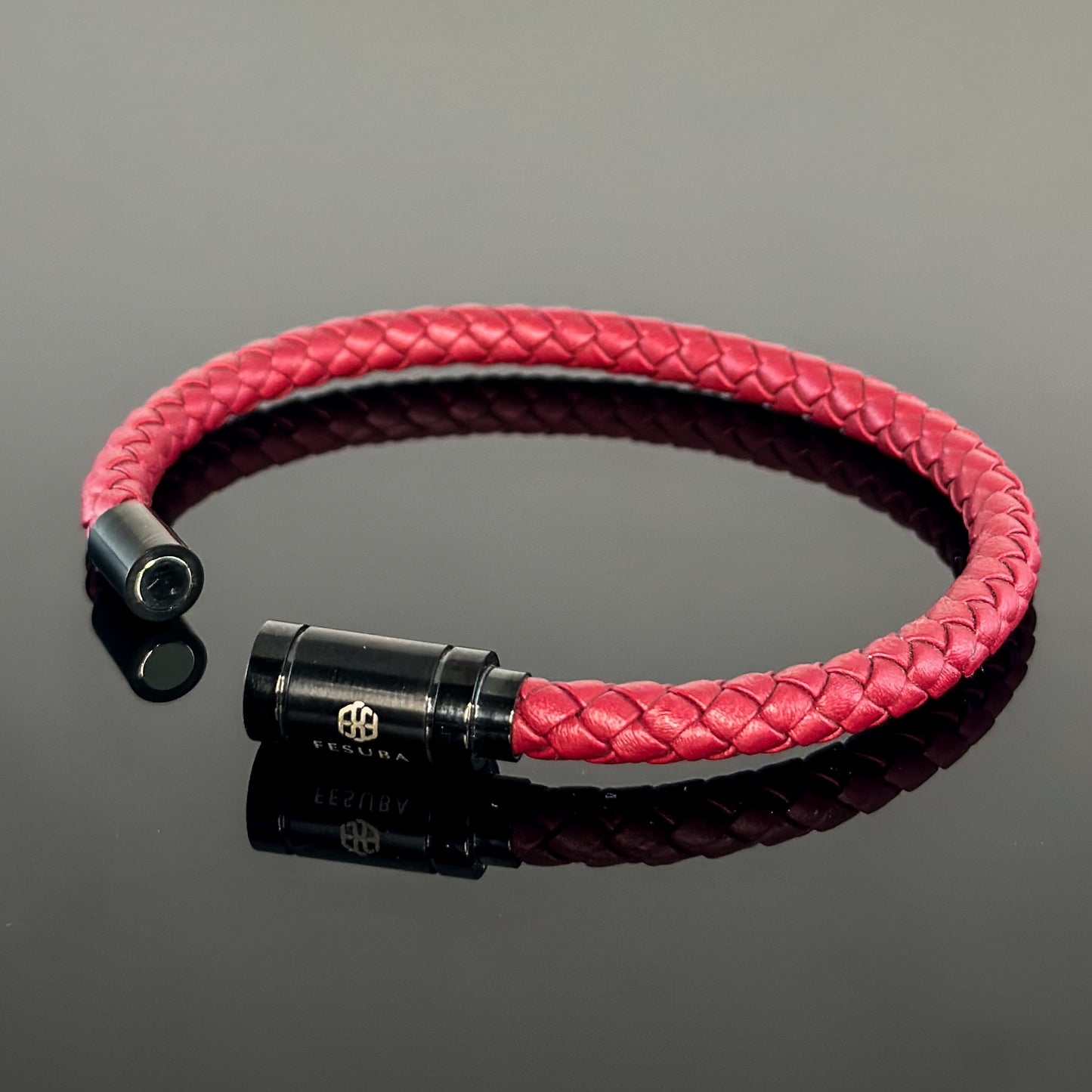 4027 Men’s Dark Red Plaited Leather Bracelet with Black Magnetic Clasp