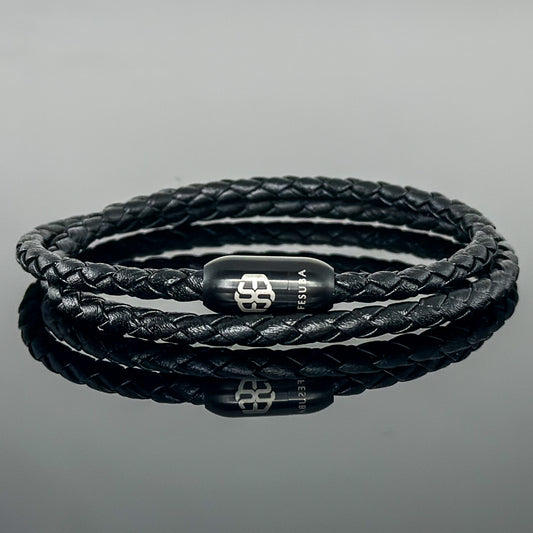 4024 Men’s Double Wrap Black Plaited Leather Bracelet