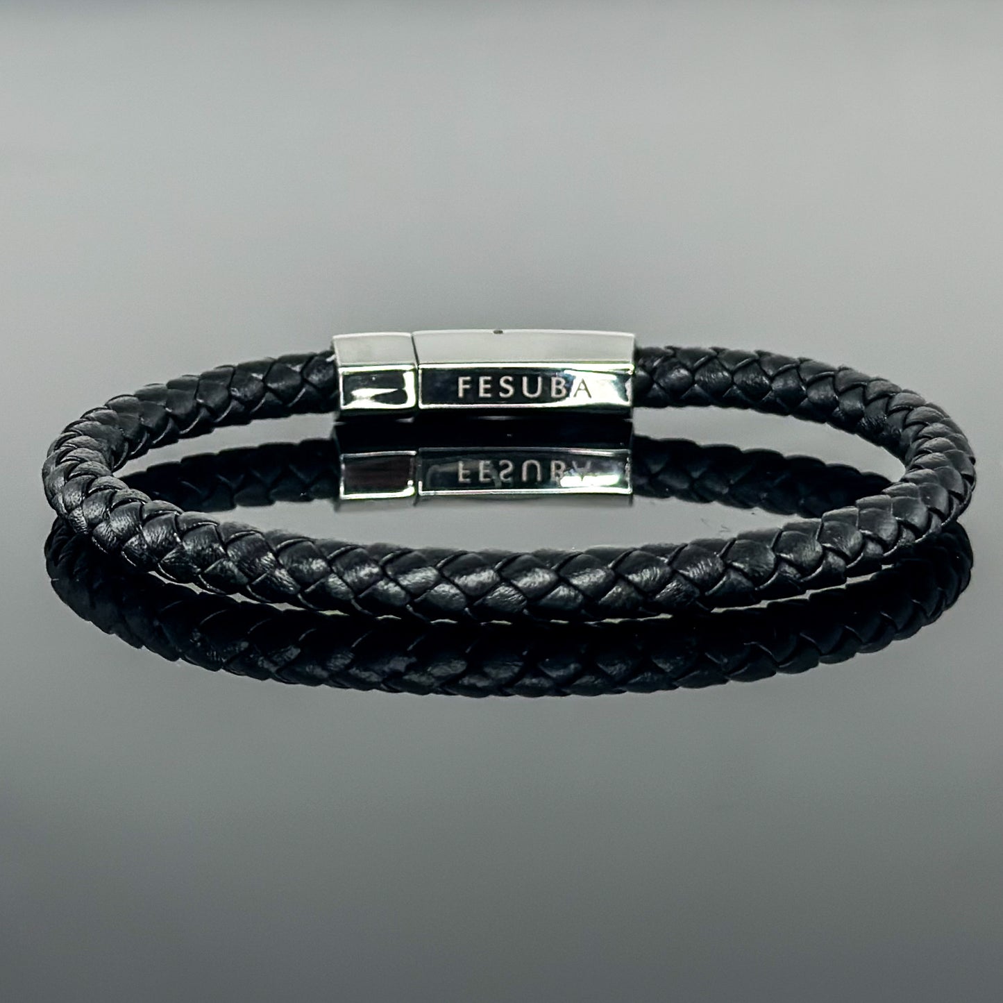 4002 Men’s Plait Round Black Leather Bracelet with Stainless Steel Clasp