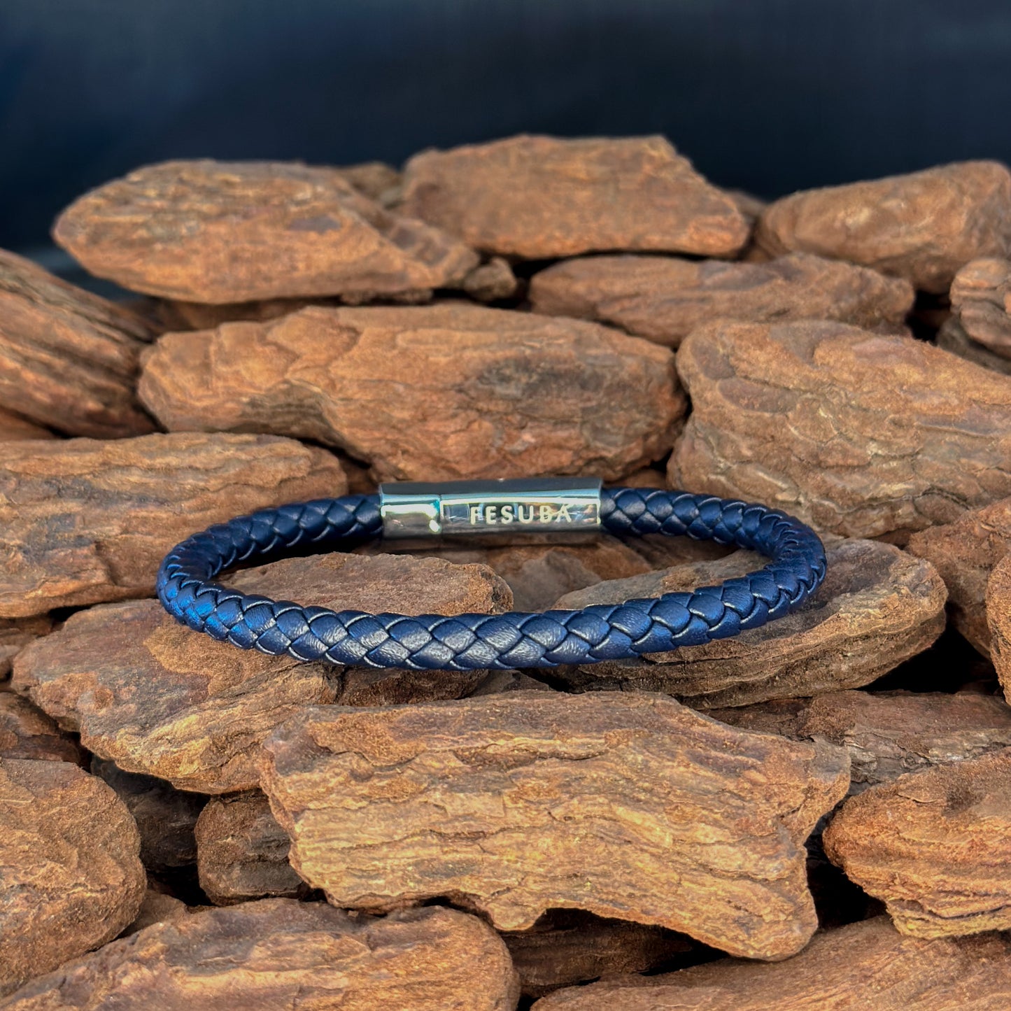 4002 Men’s Plait Round Dark Blue Leather Bracelet with Stainless Steel Clasp