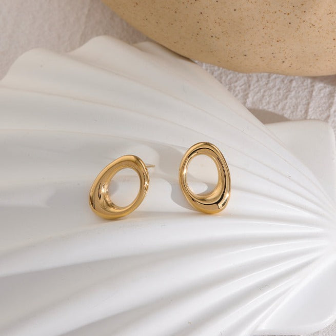 16145 Women’s Oval Hollow Stud Gold Plated Stainless Steel Earrings