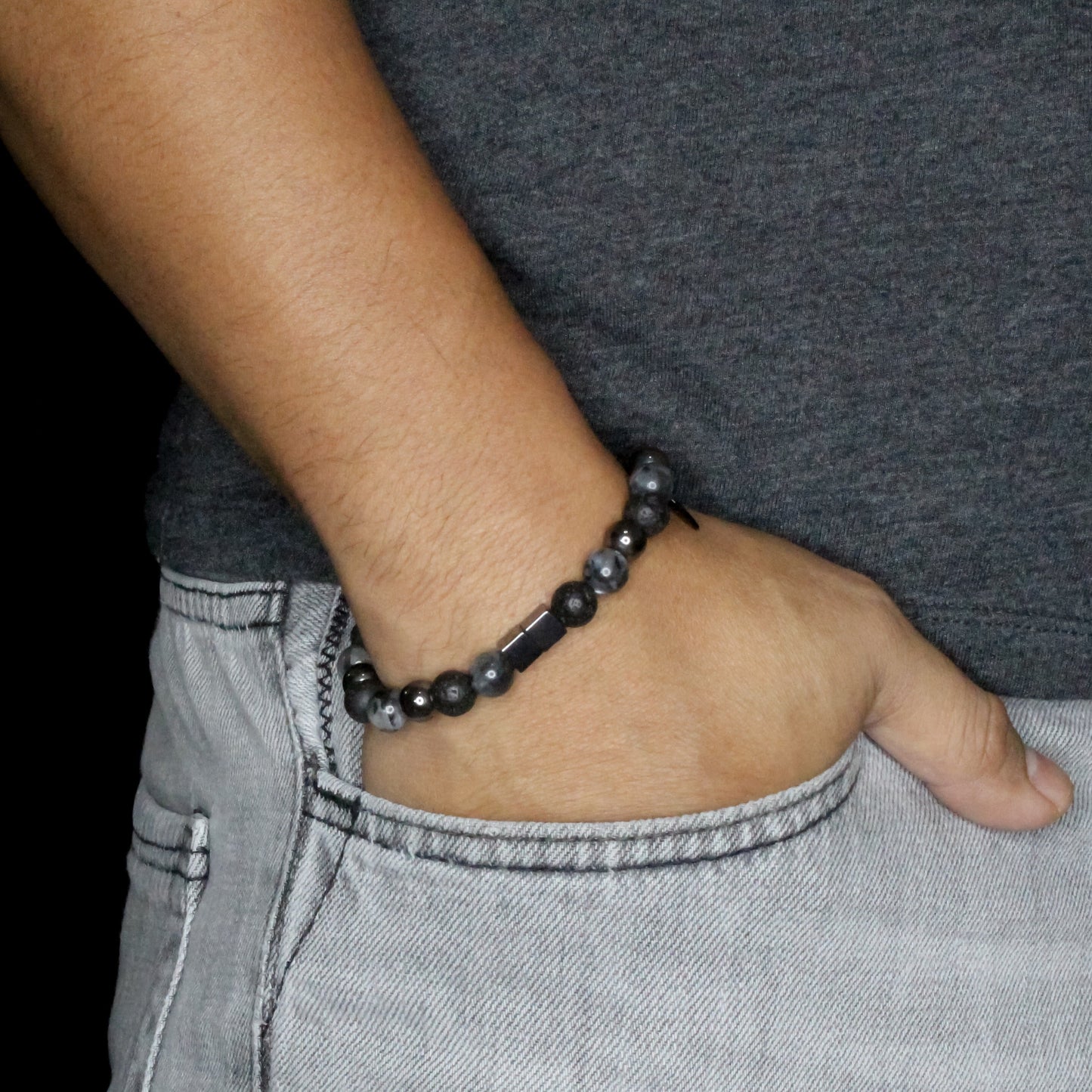 2111 Men’s Trio Wristband with Larvikite, Hematite and Lava Stone