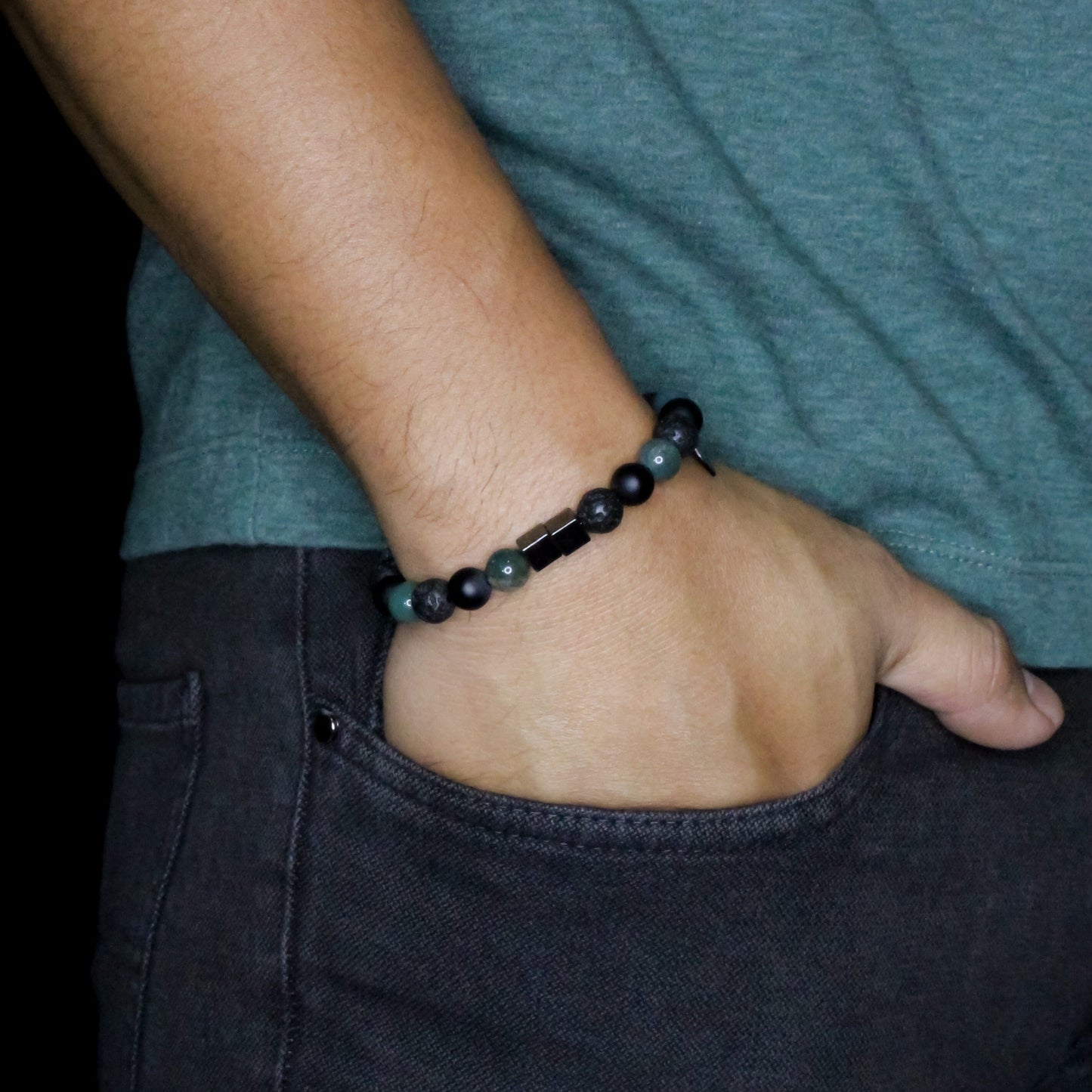 2125 Men's Trio Wristband with Moss Agate, Lava Stone and Matte Black Onyx